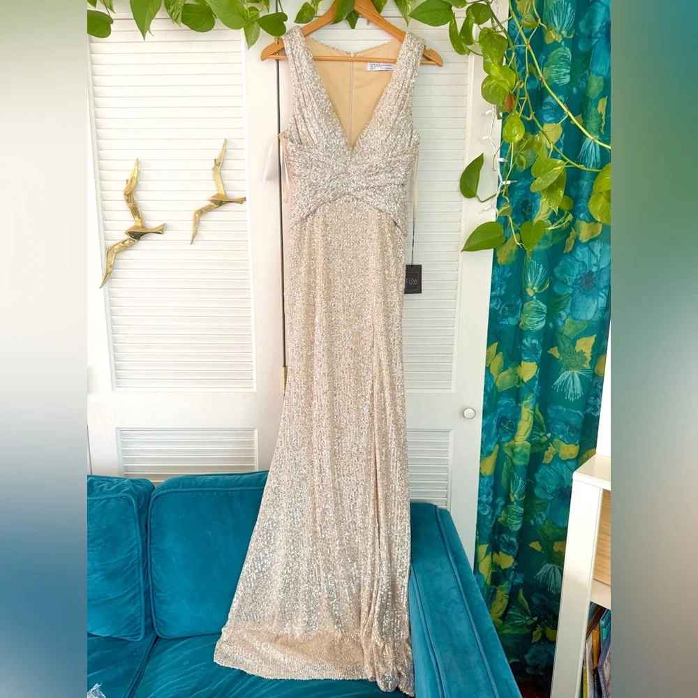 Mac Duggal Ieena 26598 V-Neck Wrap Waist Sequin Gown Dress New Champagne Formal